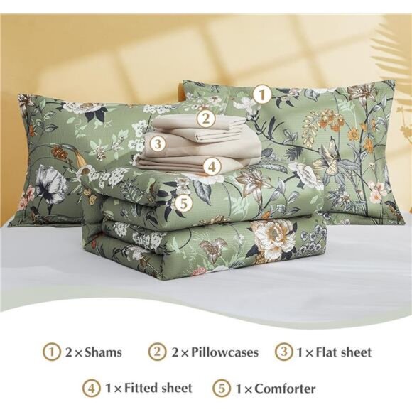 King Size Comforter Set, 7 PCS Green Floral Comforter Set - Picture 6 of 7